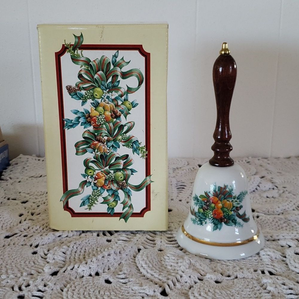 Vintage 1985 Avon Collectible Porcelain Christmas Bell with Wood Handle